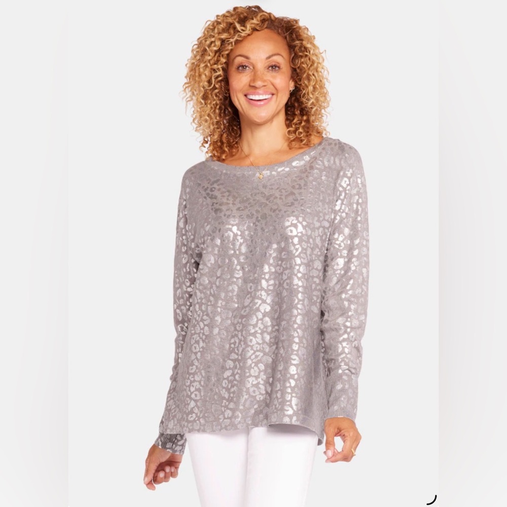 NYDJ Metallic- foil Boatneck Leopard Print Long Sleeve Sweater.